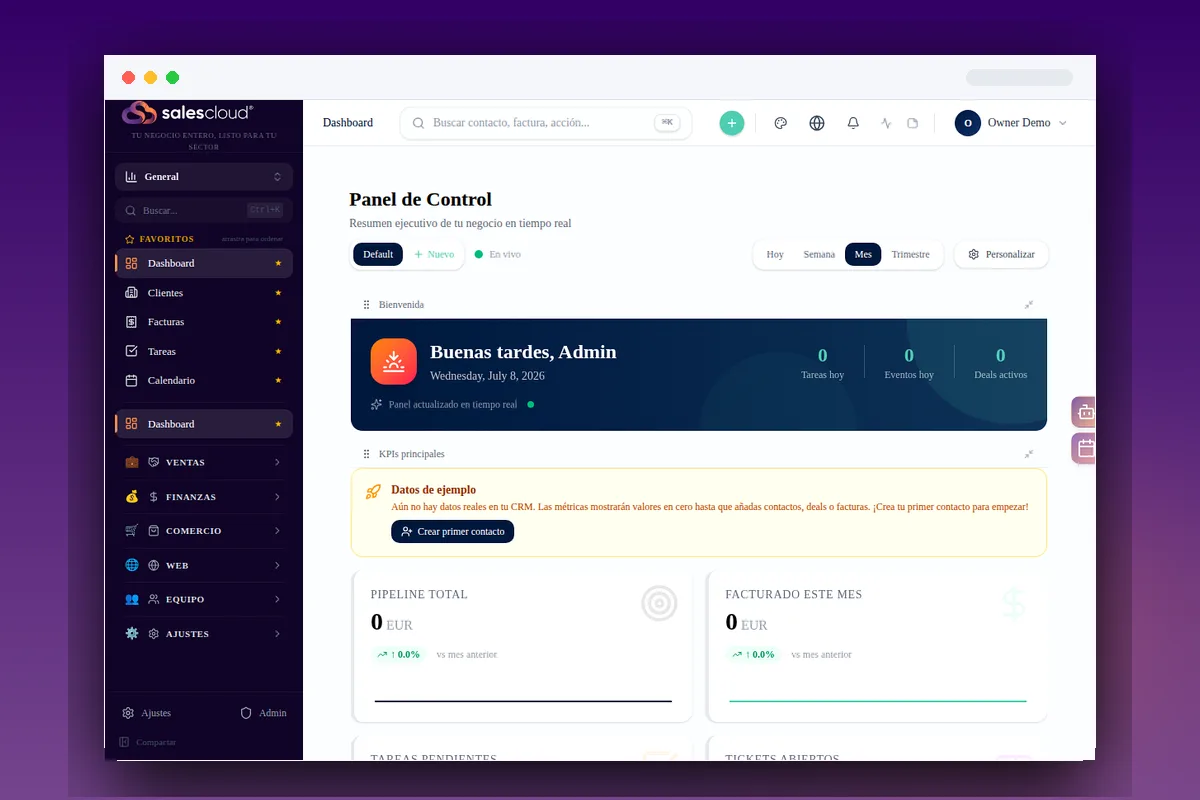 Panel de control del CRM con KPIs de pipeline y facturación